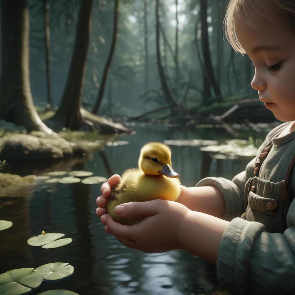 Child Gently Holds Duckling in Atmospheric Forest