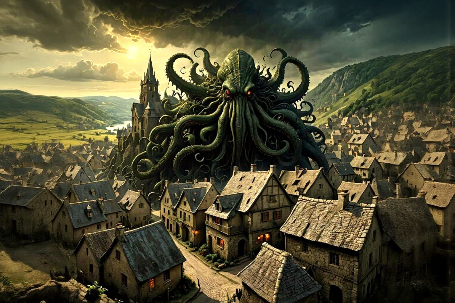 Cthulhu Attacks French Village: Cinematic Concept Art