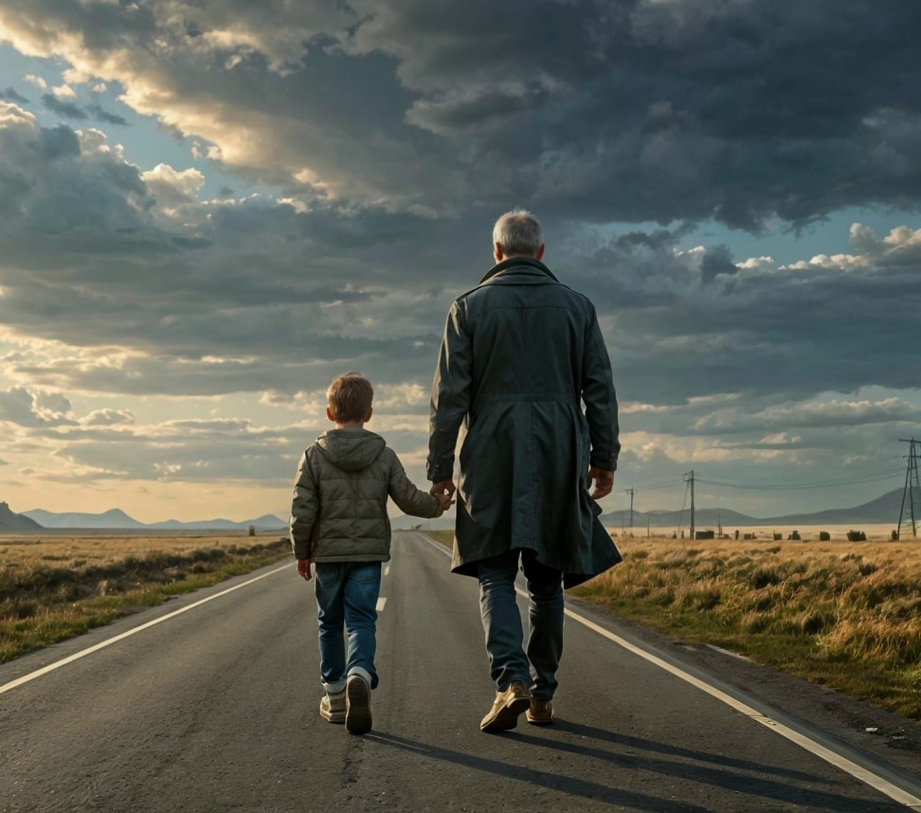 Post-Apocalyptic Father and Son on a Road