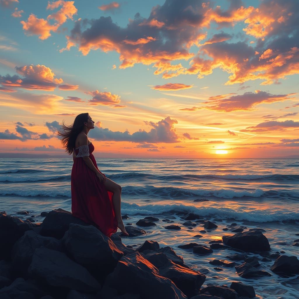 Diamond Painting of Woman at Sunset Shore