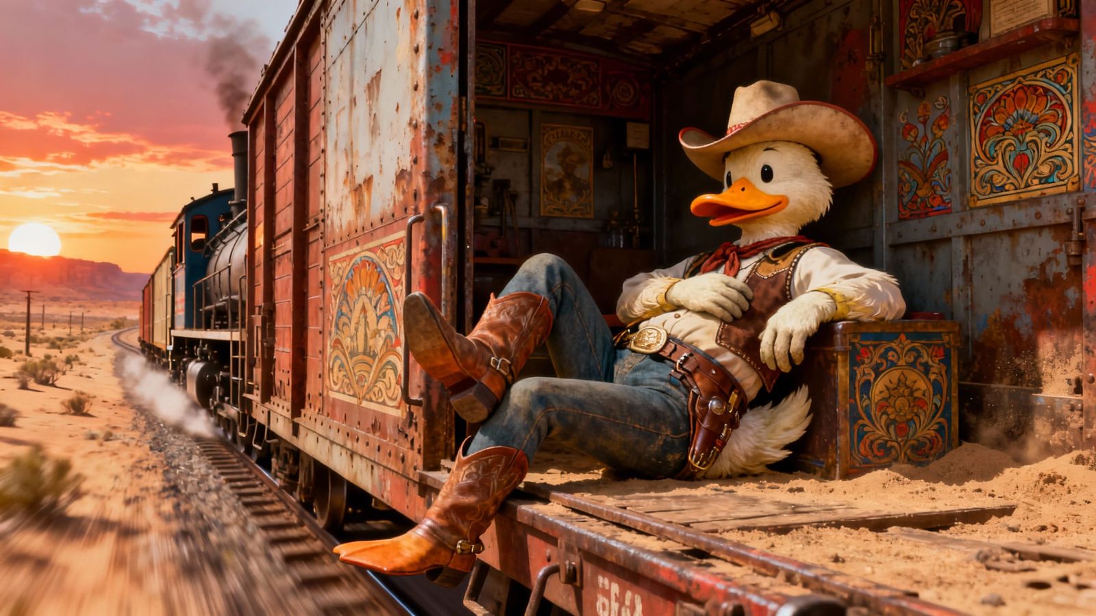 Cowboy Duck Relaxing in a Freight Train Compartment