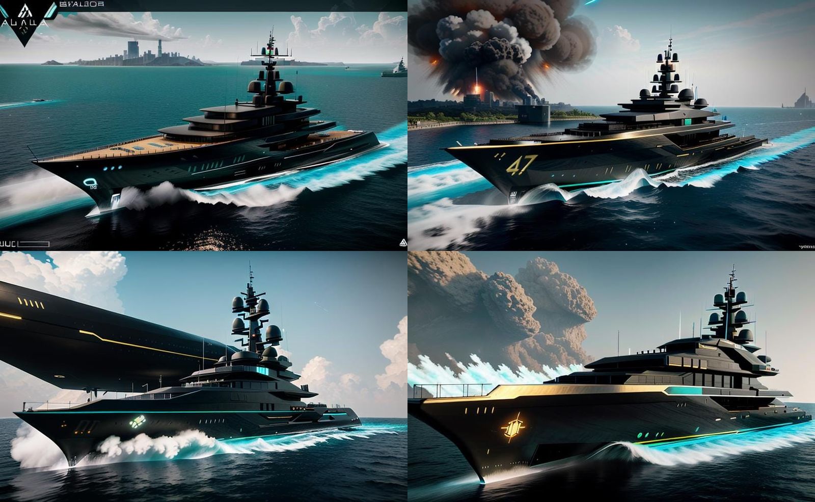 Hyperrealistic War Yacht in Nuclear Neon Rain