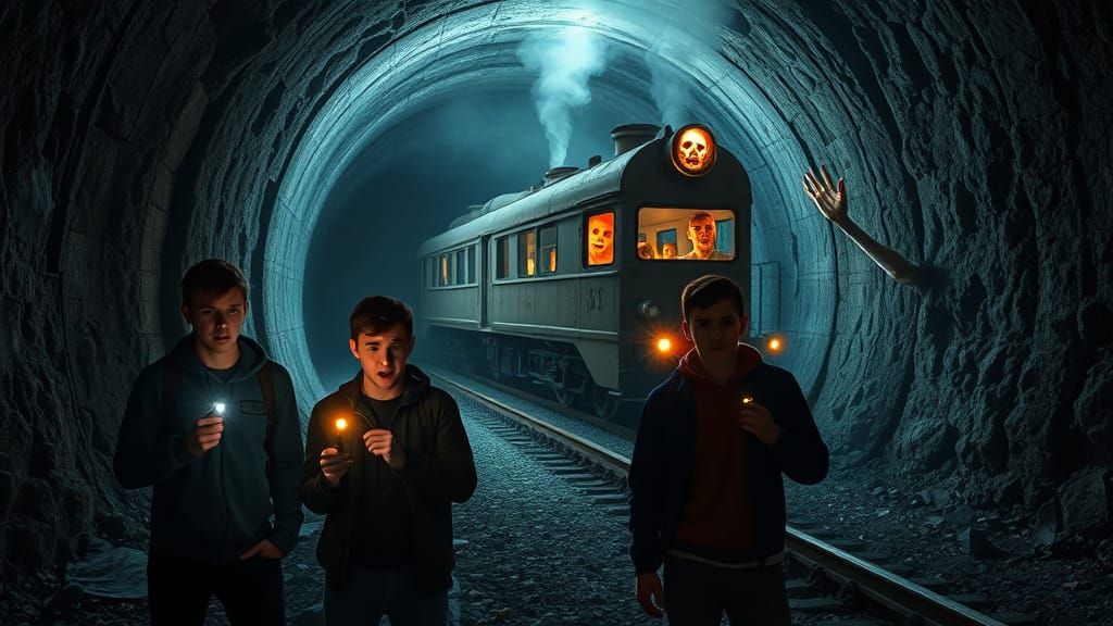 Abandoned Railway Tunnel Horror Scene in Dark, Foreboding At...