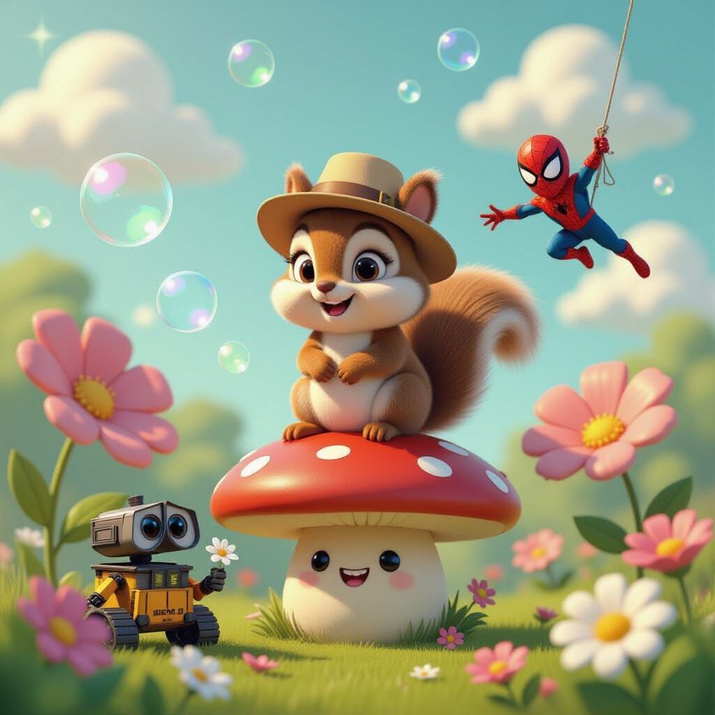 Squirrel Adventure with Wall-E and Spider-Man in 3D Art
