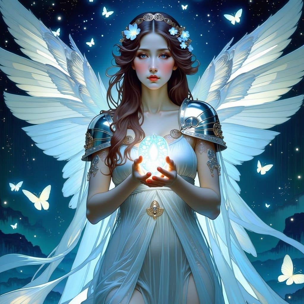 Ethereal Guardian of the Celestial Realms in Art Nouveau Sty...