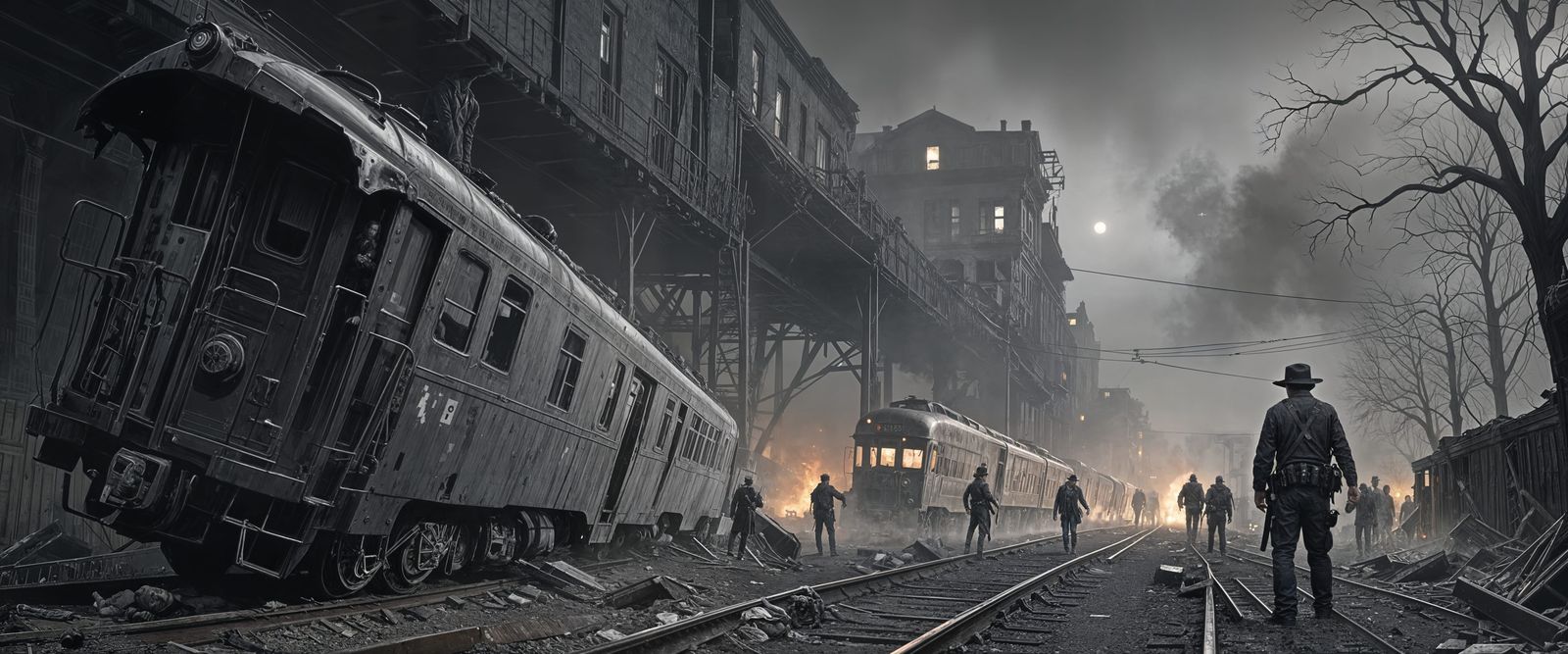 Mysterious Train Wreck in a Dark, Gritty Cityscape