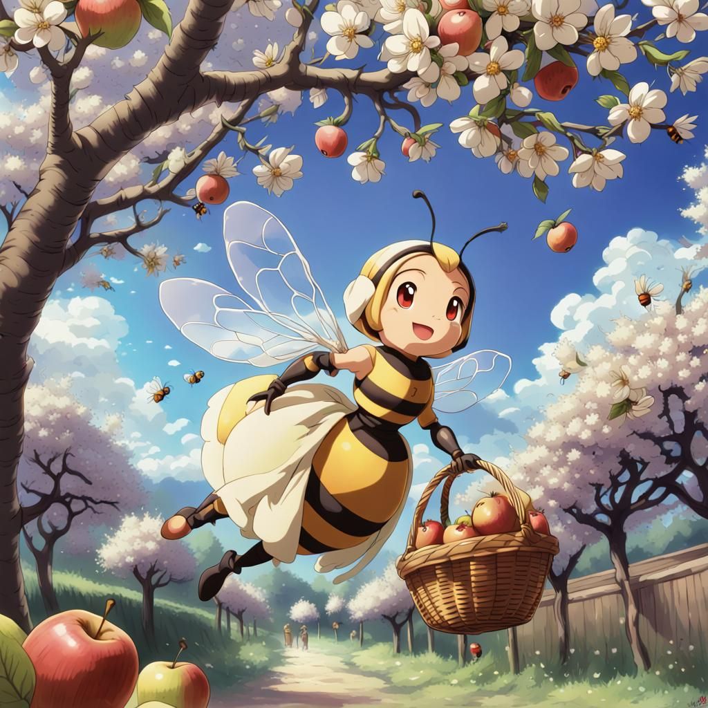Maya the Bee Flying Over Fruit Trees in Anime Style