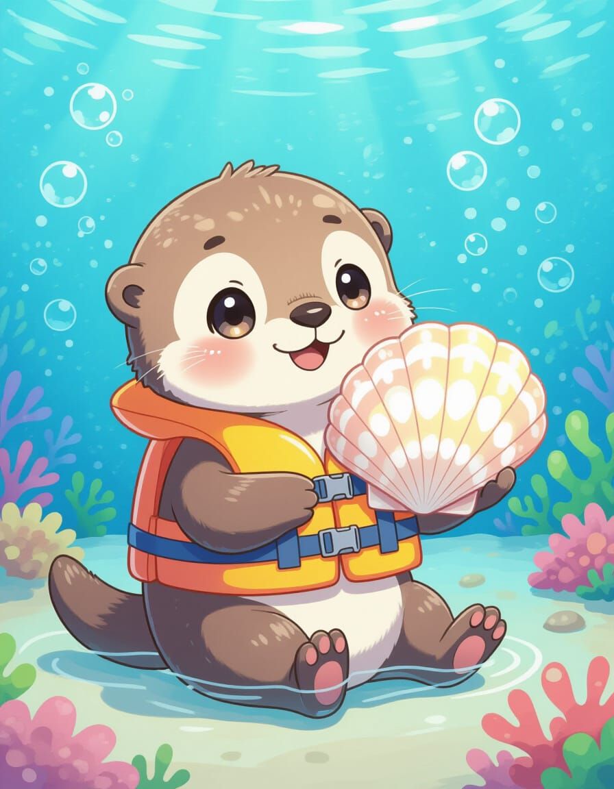 Chibi Sea Otter with Seashell in Anime Style