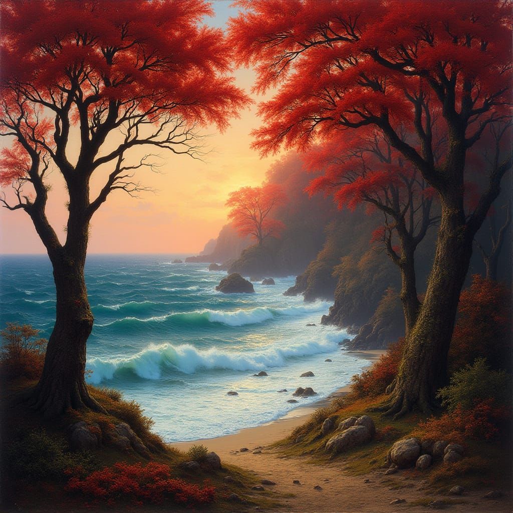 Dramatic Crimson Forest Along Turbulent Ocean