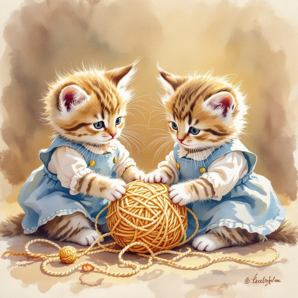Whimsical Kittens Play with Yarn, Aquarelle Style