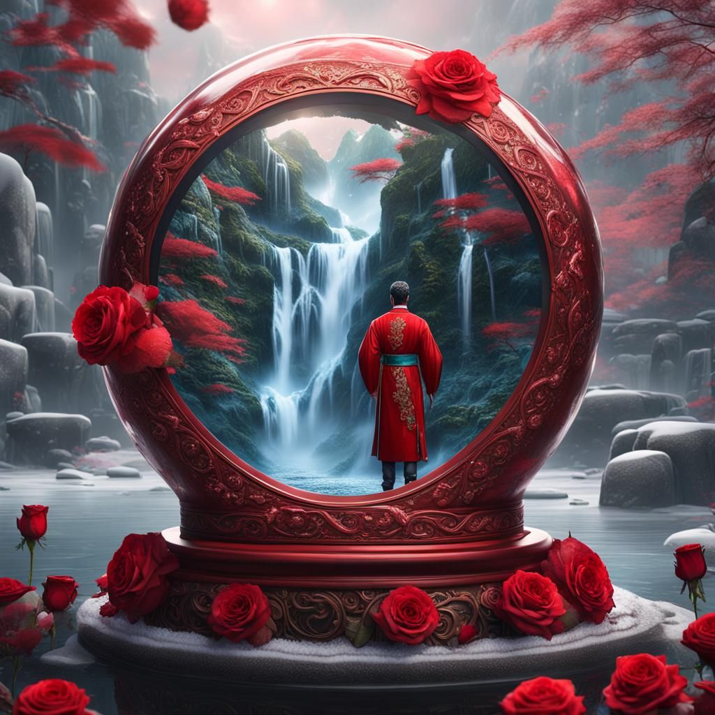 Surreal Snow Globe Scene: Asian Royal and Waterfall