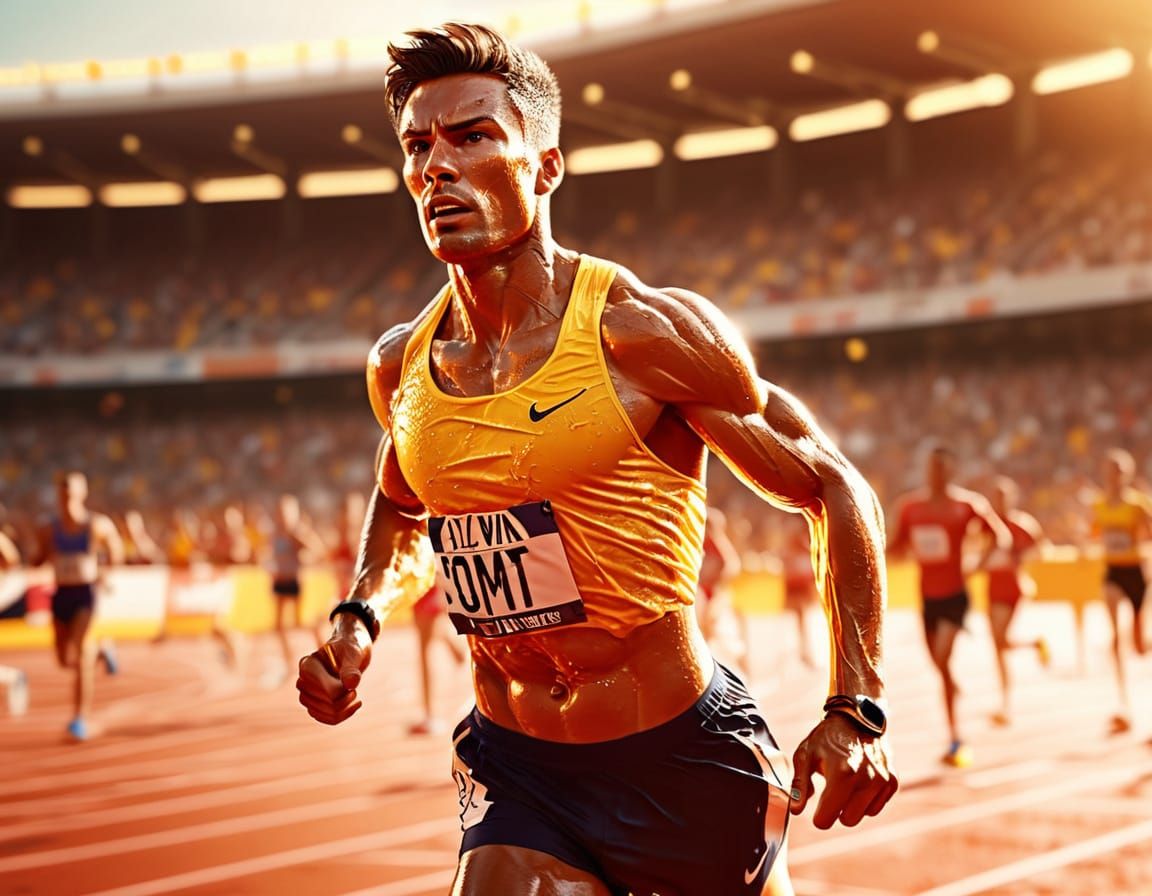 Athlete Running in Stadium: Digital Art