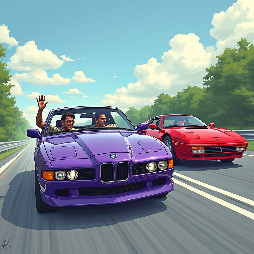 Vibrant BMW 635csi Speeds Past Ferrari on the Autobahn