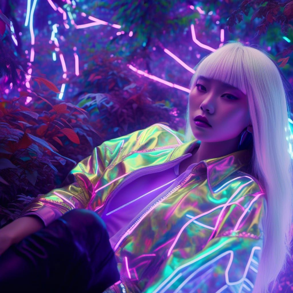 Asian Model in Jungle Foliage, Hyperreal Cyberpunk Portrait