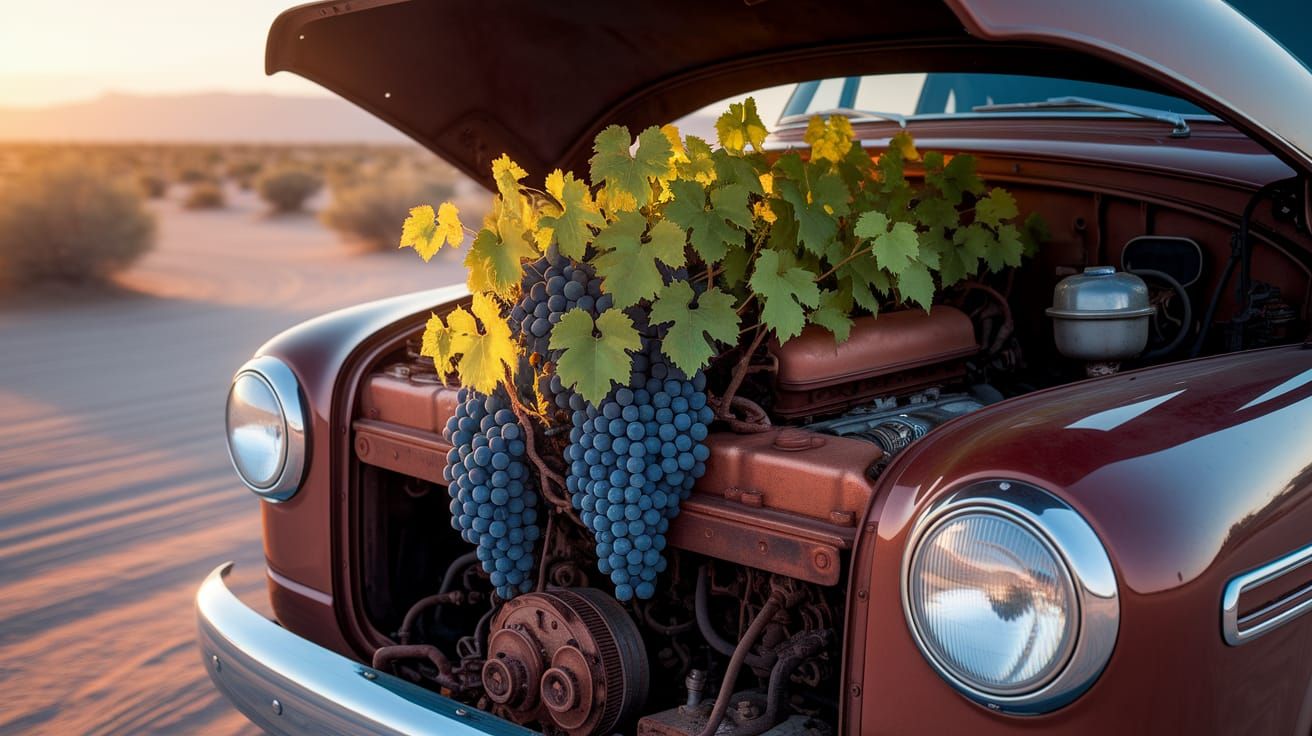 Grape Vine Growing in Truck Engine, Alcohol Ink Art
