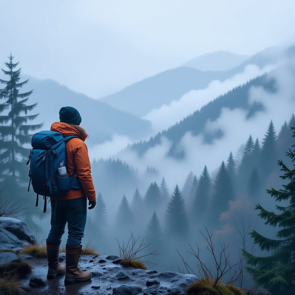Lone Hiker Overlooks Misty Valley: Realistic Landscape