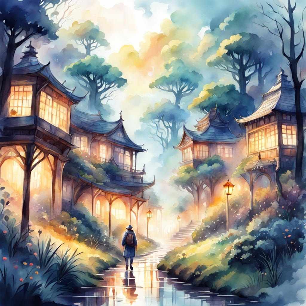 Mysterious Traveler Path in Fantasy Watercolor Sketch