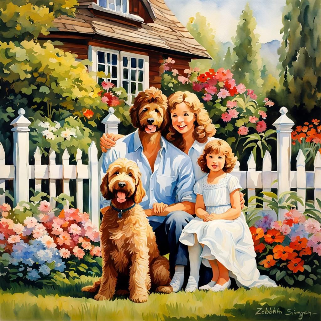 Happy Family in Garden as Watercolor Painting
