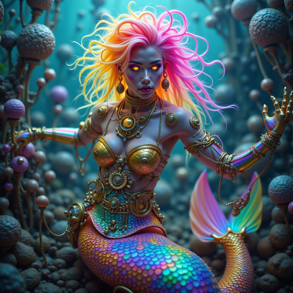 Steampunk Siren with Mechanical Limbs in Neon Pulp Comic Sty...