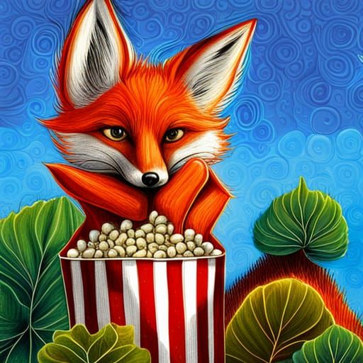 Supercute Fox Enjoys Popcorn, Detailed Digital Art