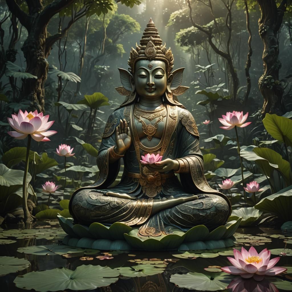 Photorealistic Krishna in Jungle with Lotus