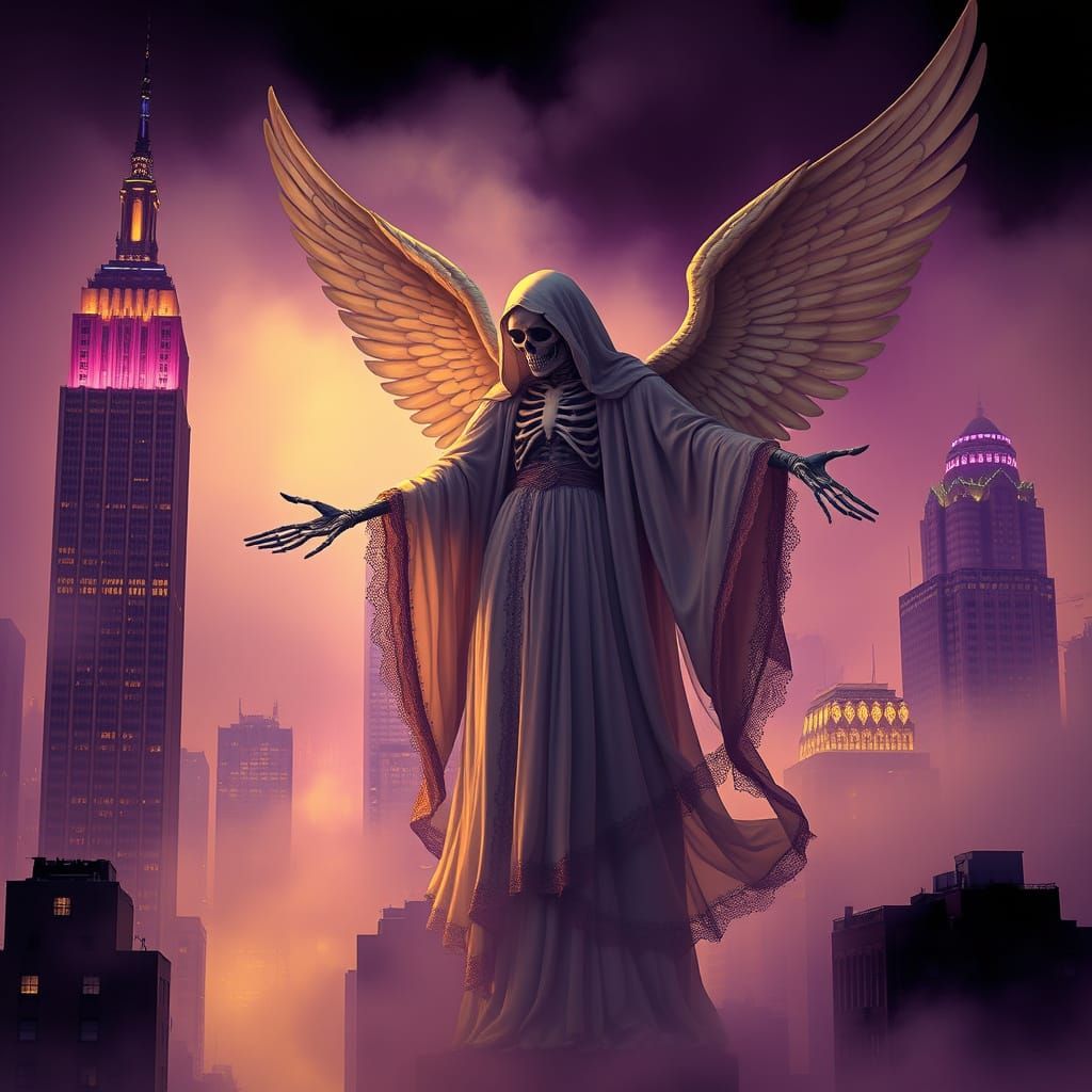 Angel of Death Amidst New York City Fog in Haunting Art Deco...