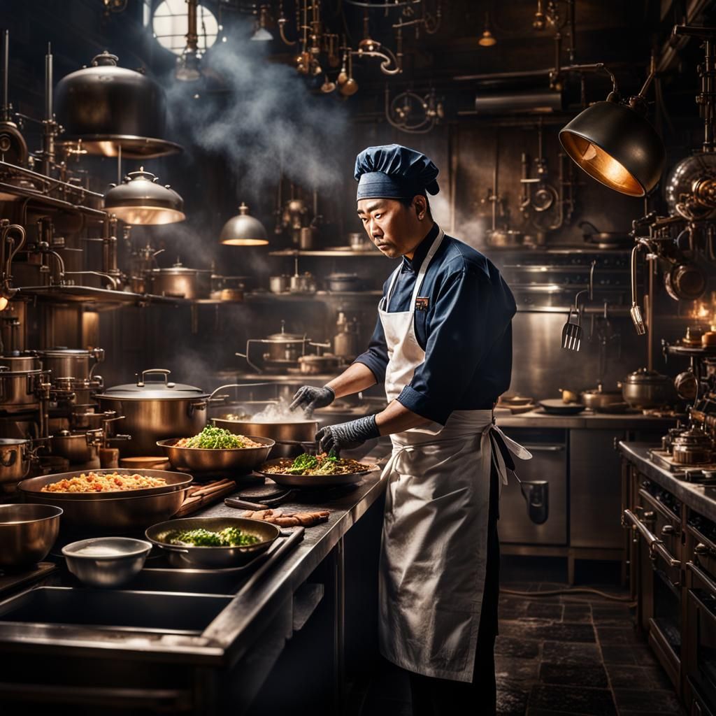 Steampunk Chef in Japanese Kitchen, Hyperrealistic Style