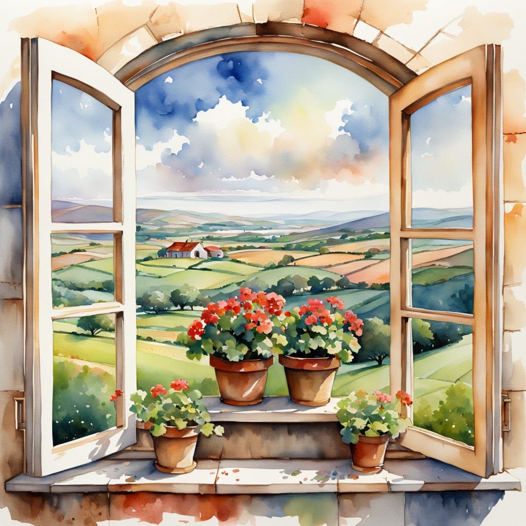 Watercolor Window to Irish Countryside with Vibrant Geranium...