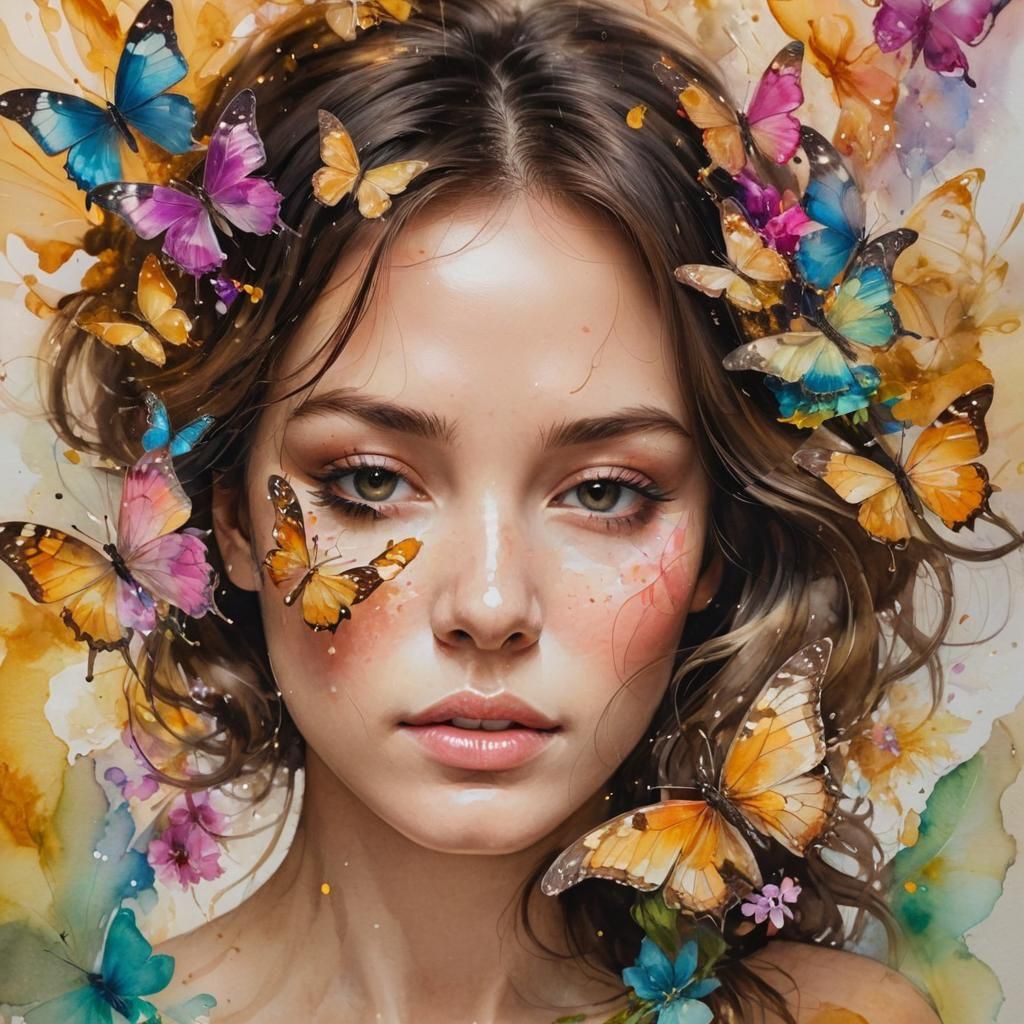 Brunette Woman Surrounded by Translucent Butterflies