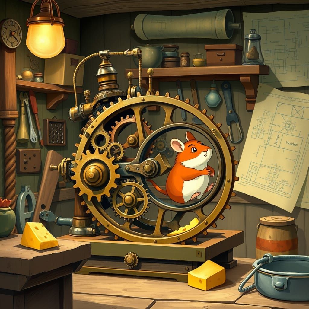 Whimsical Steam-Powered Cheese Dispenser in a Cozy Workshop