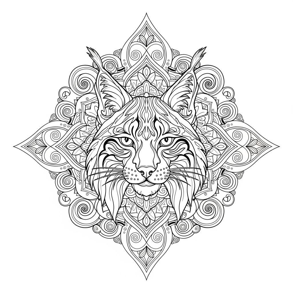 Intricate Lynx Mandala Coloring Page in Art Nouveau Style