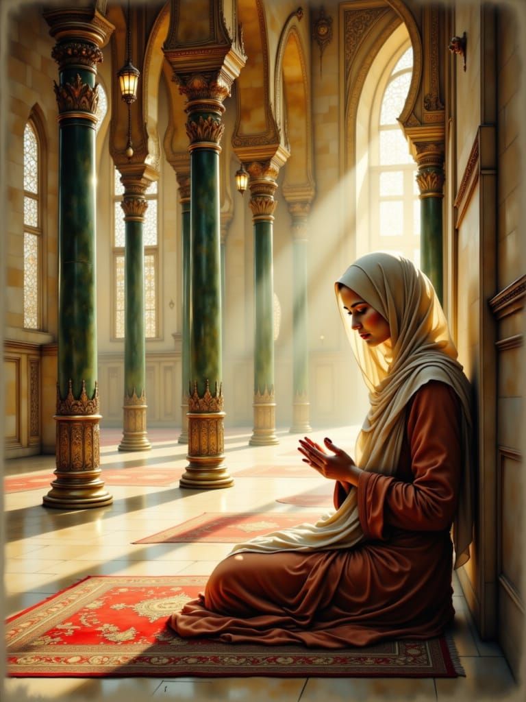 Devout Muslim Woman in Prayer at Al-Masjid an-Nabawi