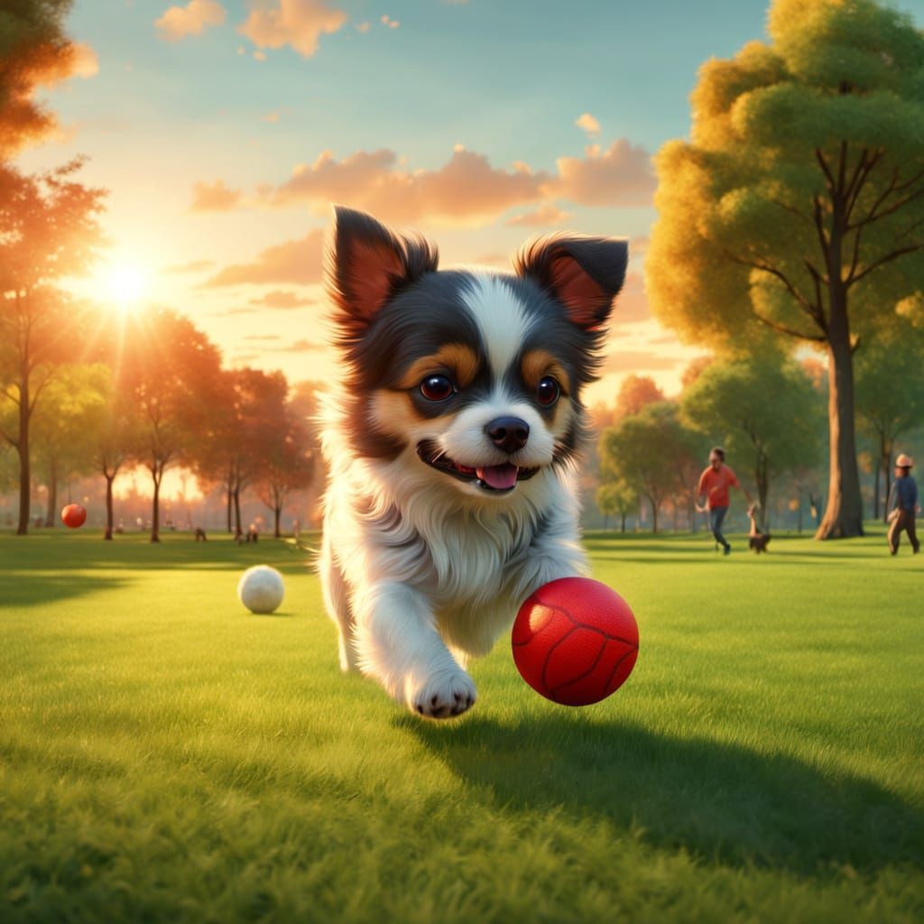 Fluffy Dog Plays With Ball in Park at Sunset