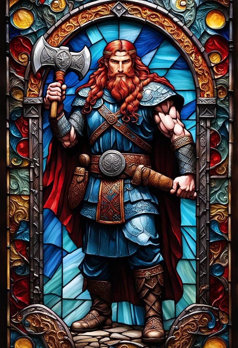 Viking Strongman with Red Hair in Stained Glass