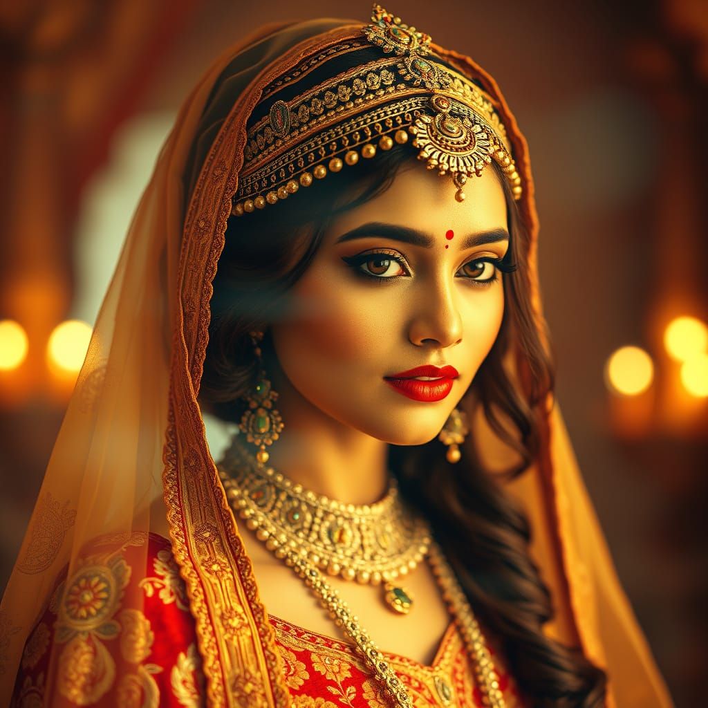 Ethereal Princess Portrait in Art Deco Style with Golden Hue...