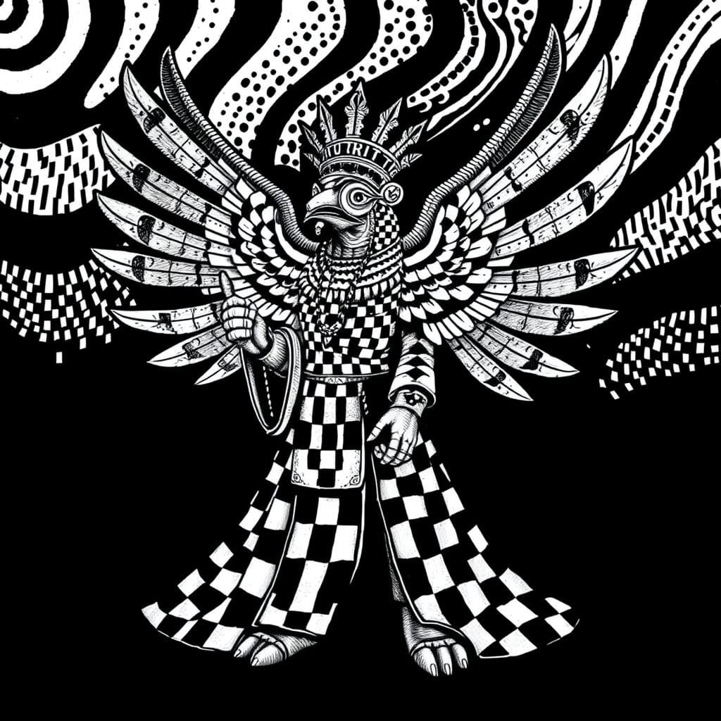 Quetzalcoatl in Chessboard Robes with Halftone Pattern