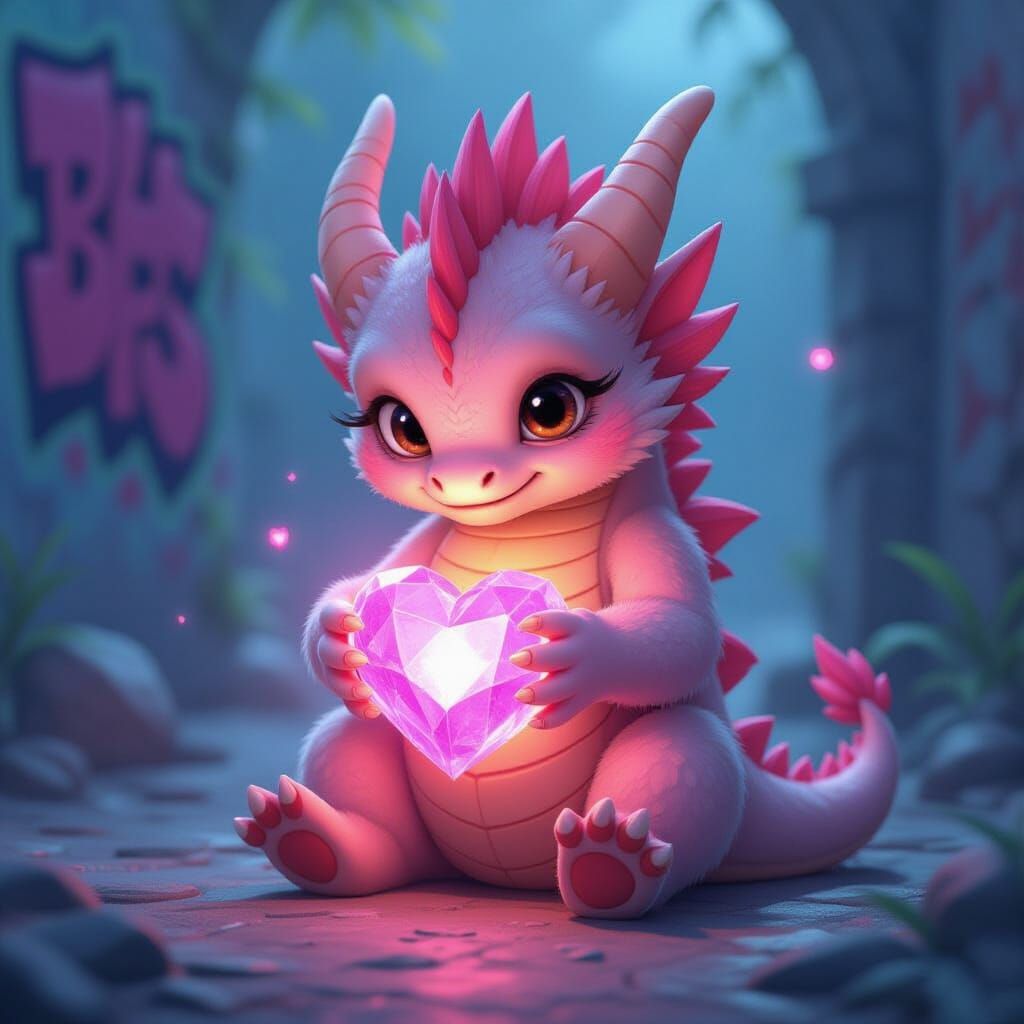 Fluffy Baby Dragon Holding Glowing Heart