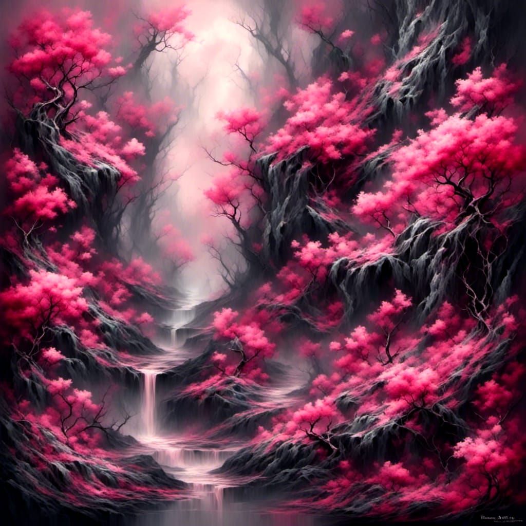 Asymmetric Fractal Fantasy Landscape in Pink and Grey