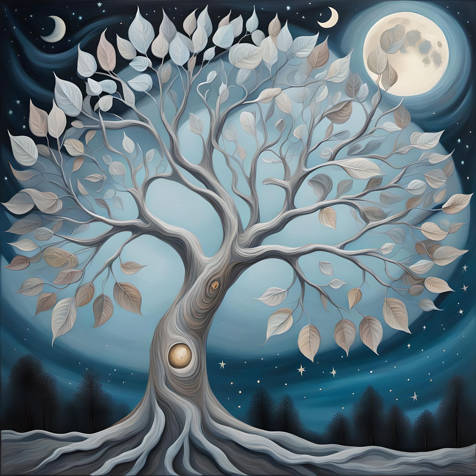 An elegant, anthropomorphic tree with slender, curved branch...