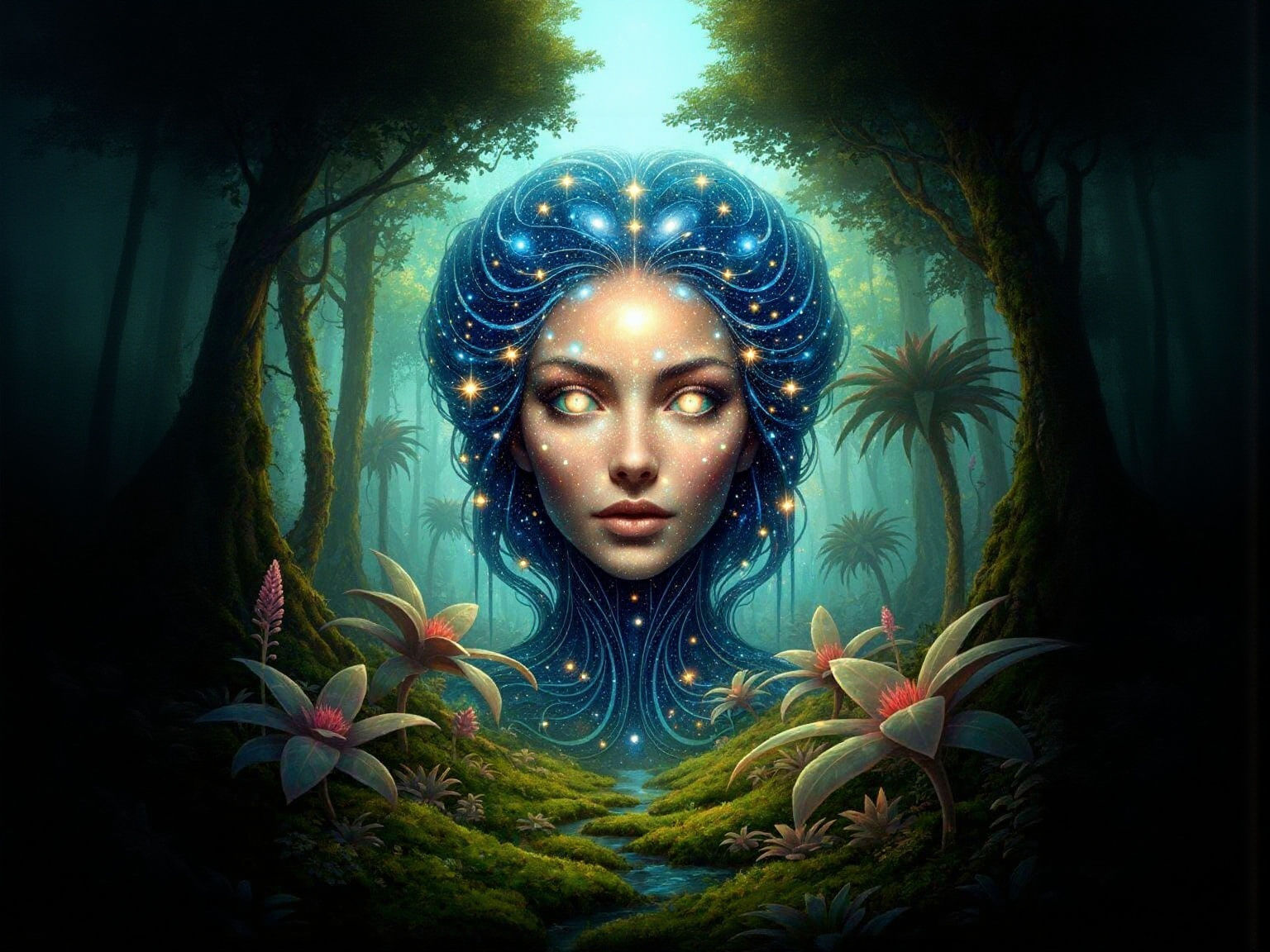 Ghostly Starlight Woman in Glowing Forest