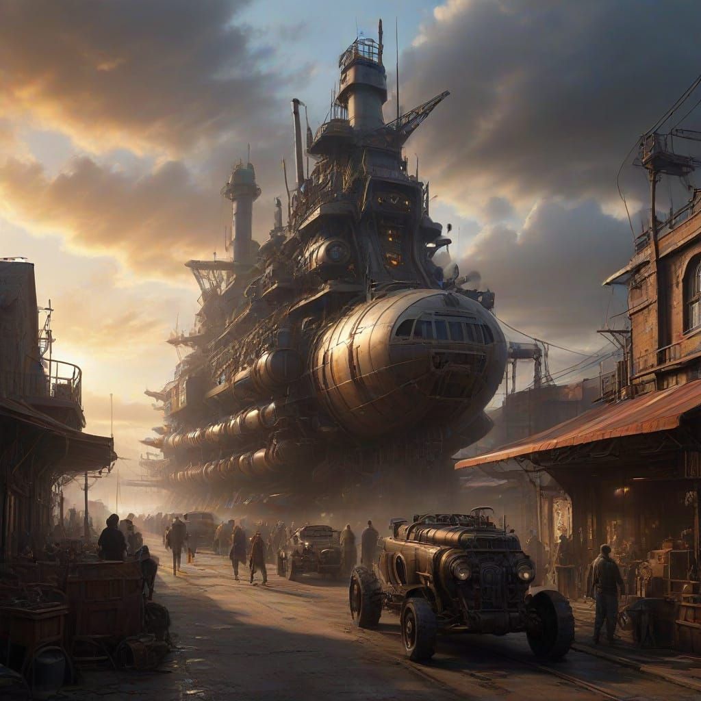 Steampunk Harbor Market in Golden Light