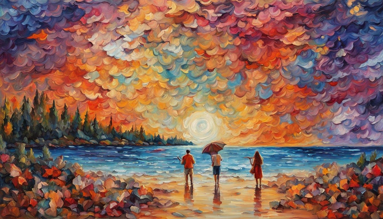 Pixel Art: People on Beach Under Full Moon