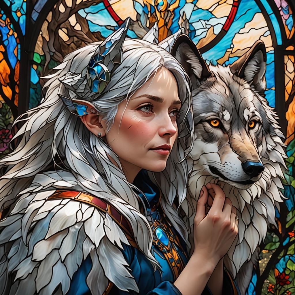 Stained Glass Woman with Wolf in Fantasy World