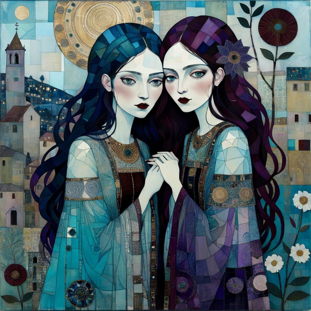 Layered Collage Masterpiece in Light Blue and Plum