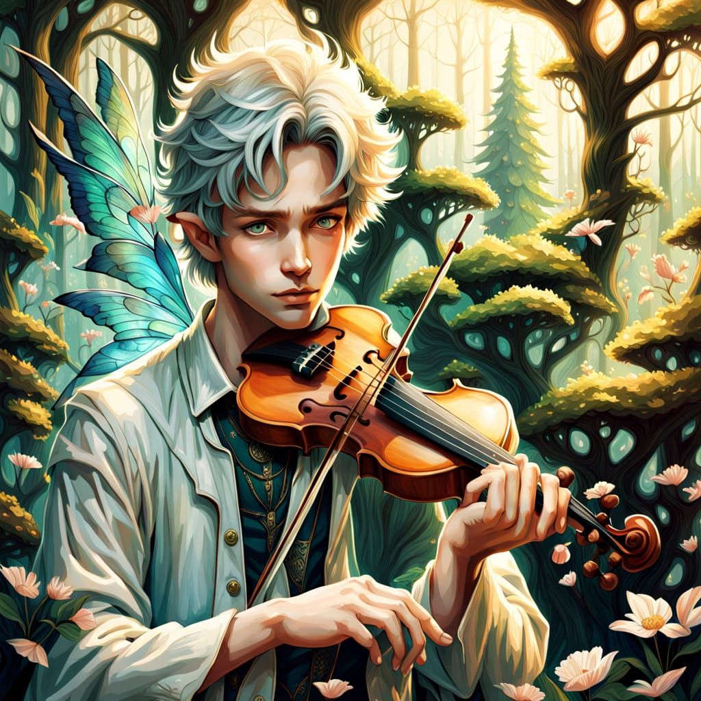Surreal Elf Boy in Dreamy Forest Plays Violin with Green Eye...