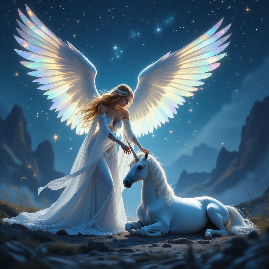 Celestial Goddess Heals Unicorn, Dark Fantasy Art