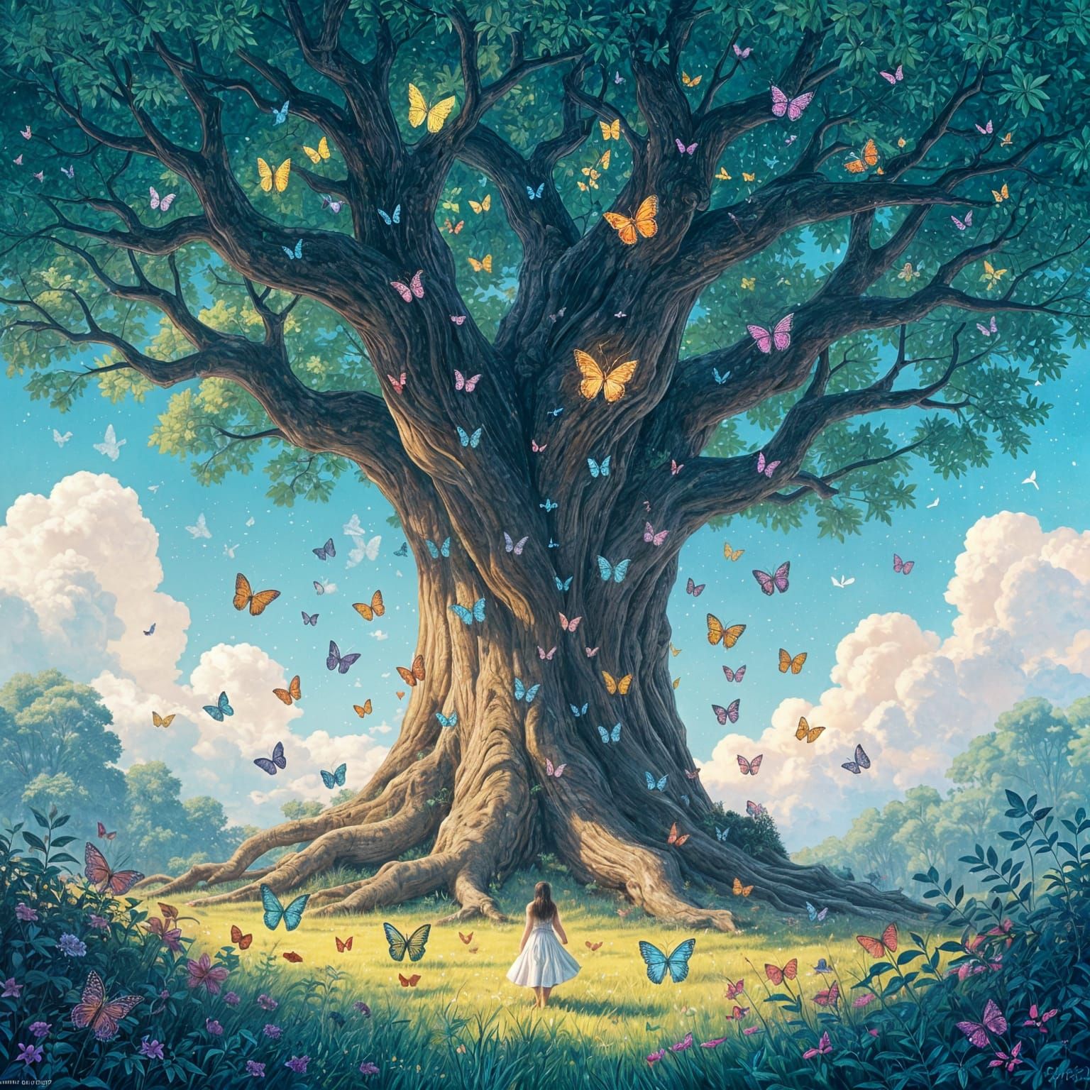 Exotic Butterflies Around Ancient Tree Under Starry Sky