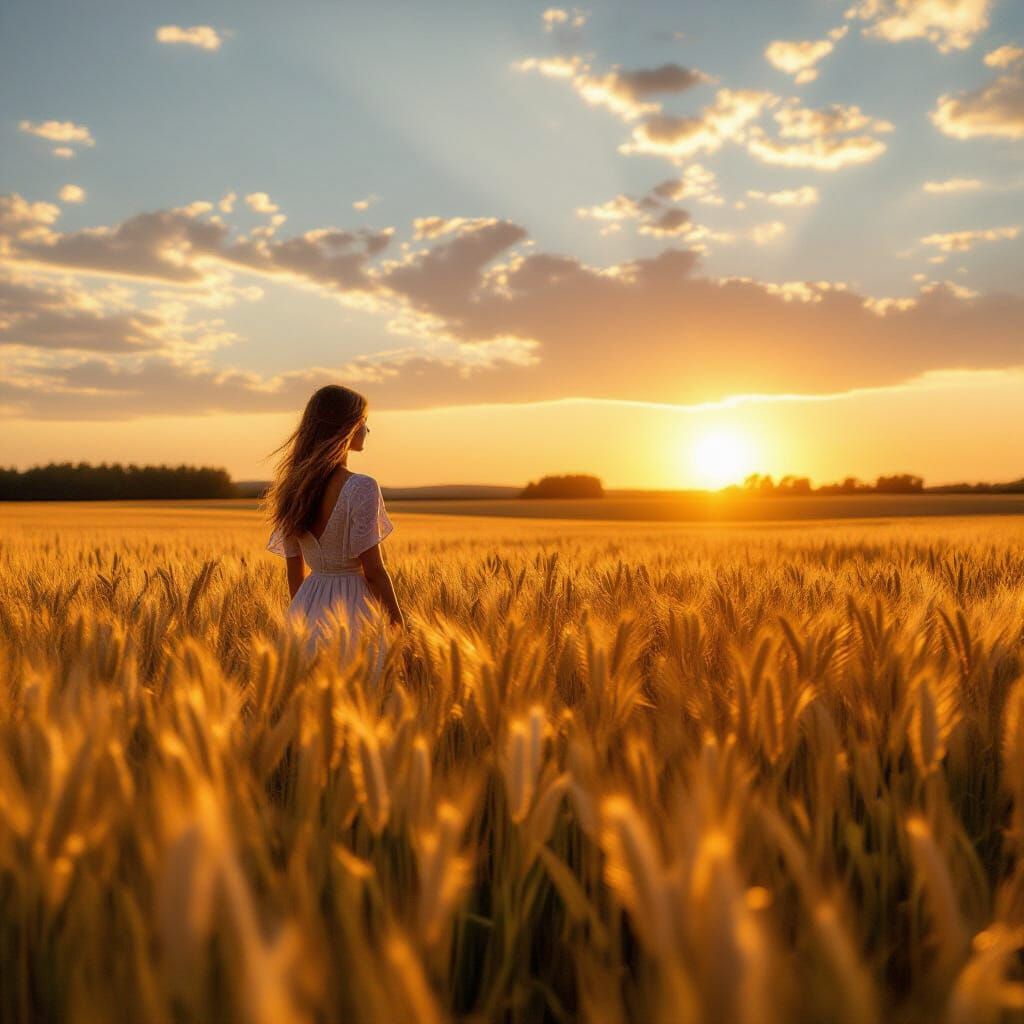 Woman in Golden Wheat Field at Sunset