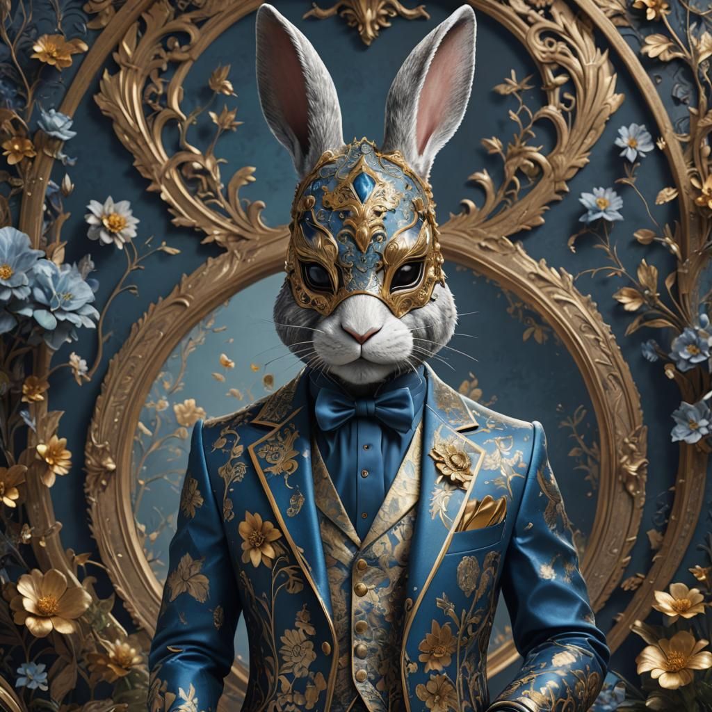 Rabbit Gentleman in Floral Suit, Detailed Digital Art