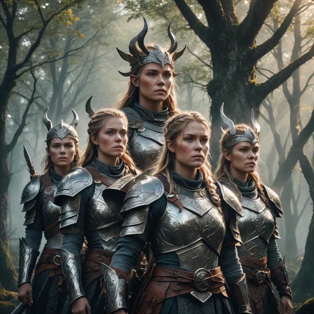Norse Female Warriors in Misty Forest, Hyperrealistic Art